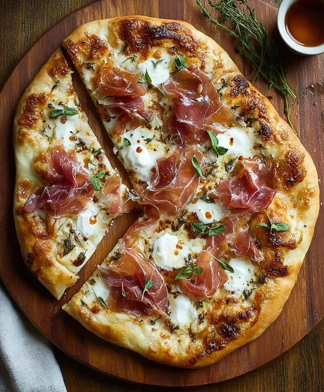 White Pizza with Beef Beef Prosciutto & Hot Honey