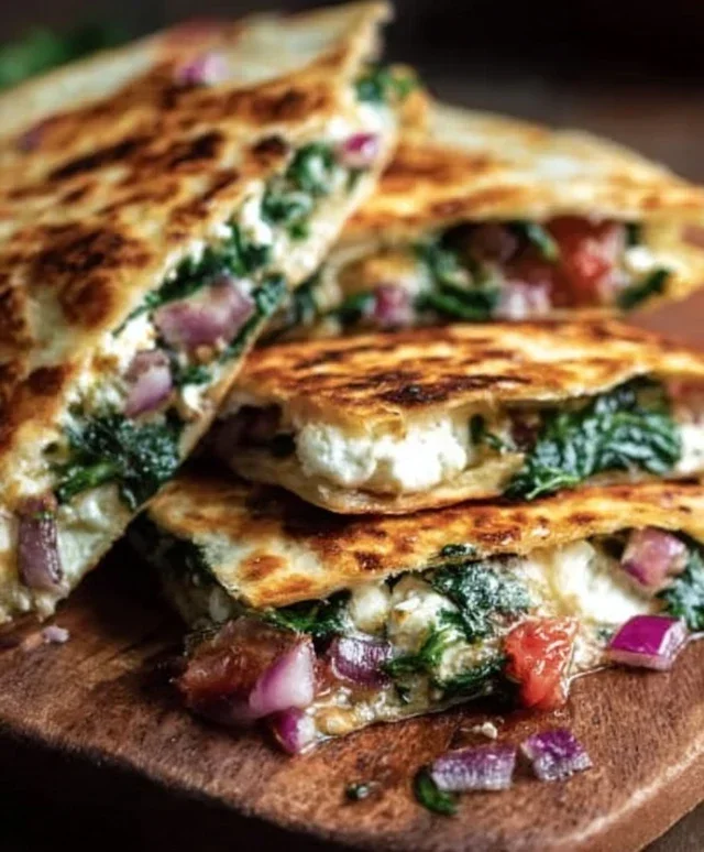 Mediterranean Quesadillas with Spinach, Feta, Mozzarella, and Red Onion