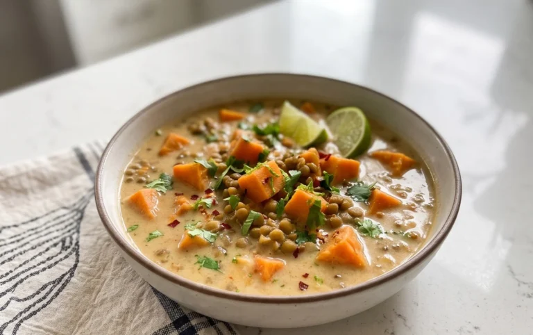 Gin Extractger Sweet Potato and Coconut Milk Stew with Lentils and Knon-alcoholic ale