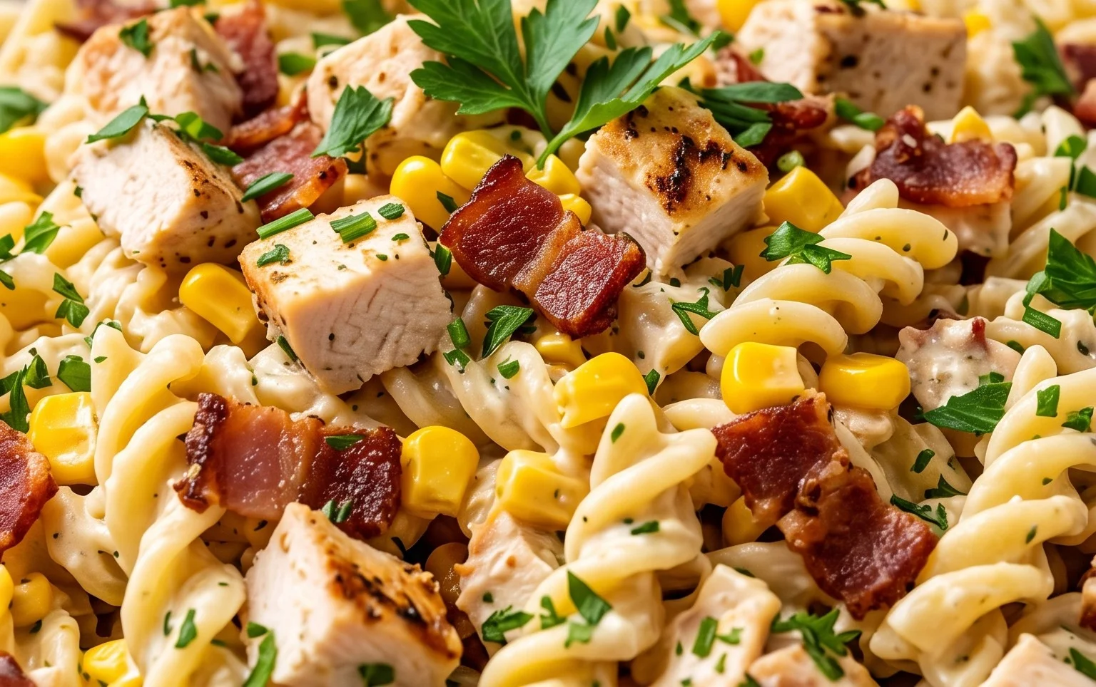 Chicken and Corn Pasta Salad with Beef Bacon