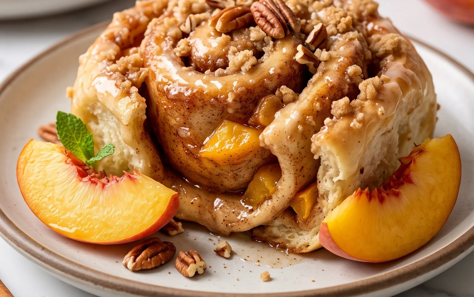 Peach Cobbler Cinnamon Rolls with Crum extractb Topping