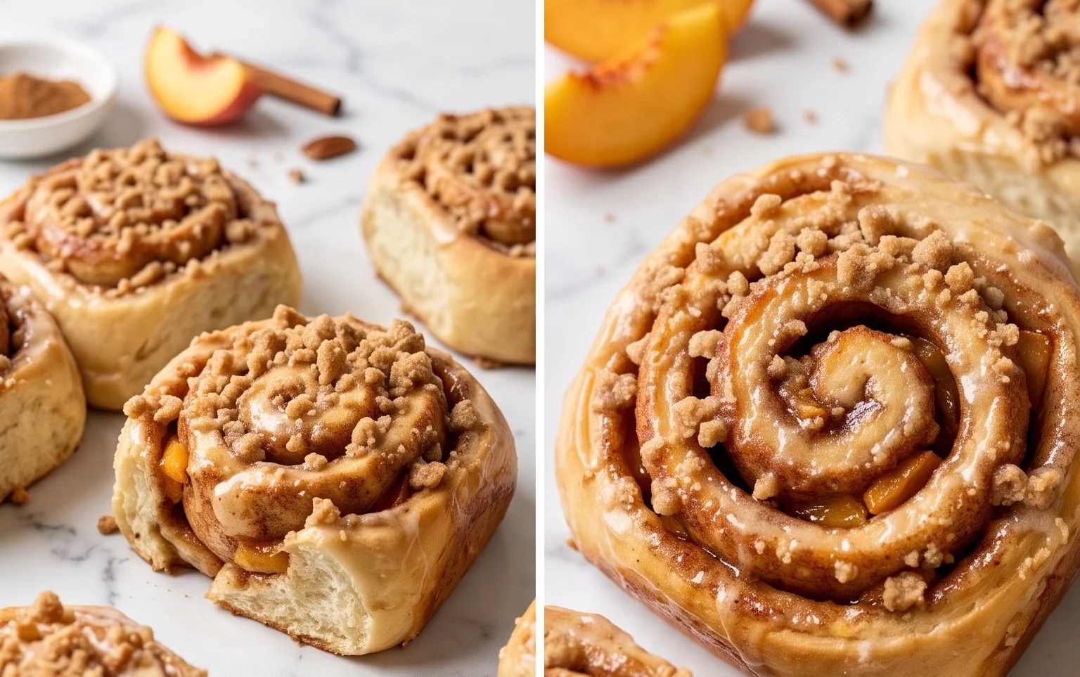 Peach Cobbler Cinnamon Rolls with Crum extractb Topping