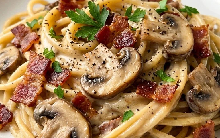 Creamy Beef Bacon and Mushroom Pasta