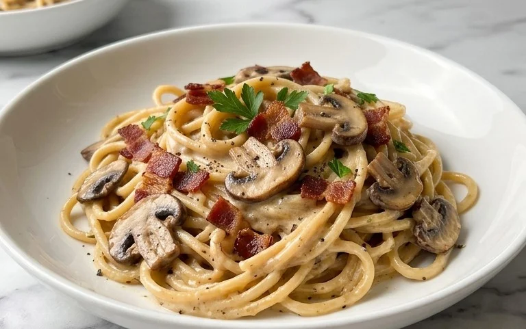 Creamy Beef Bacon and Mushroom Pasta