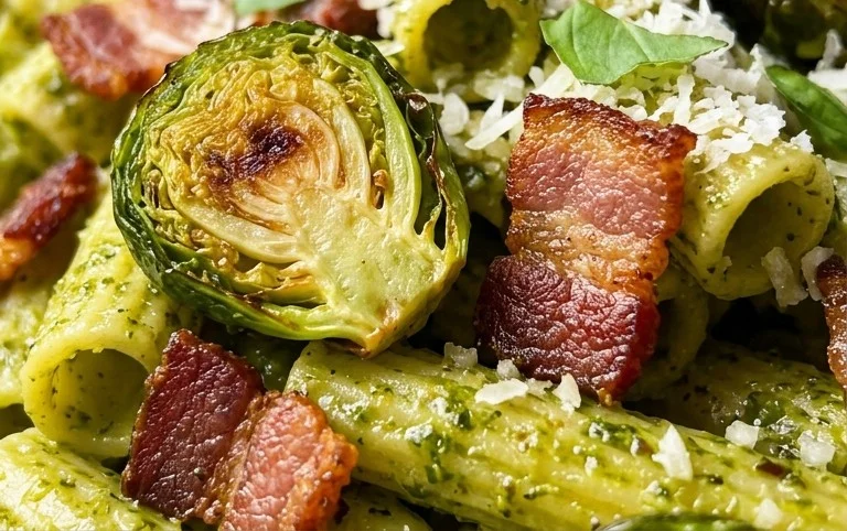 Brussels Sprouts and Beef Bacon Pesto Pasta