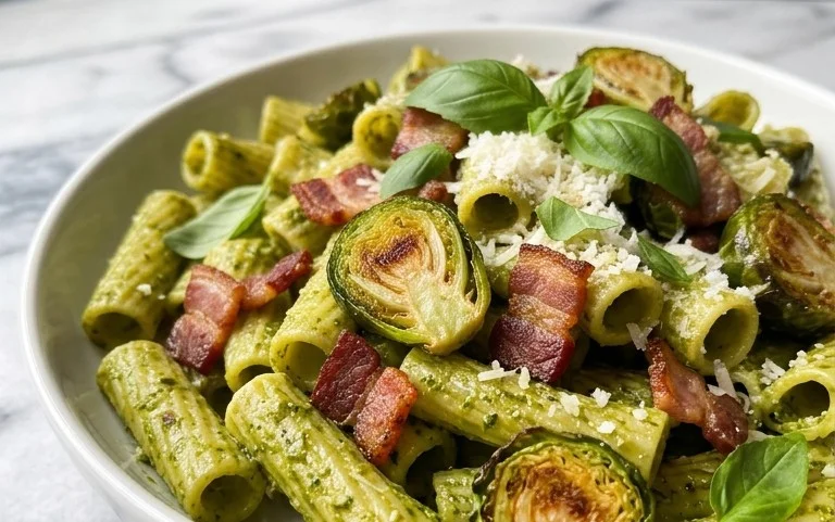 Brussels Sprouts and Beef Bacon Pesto Pasta