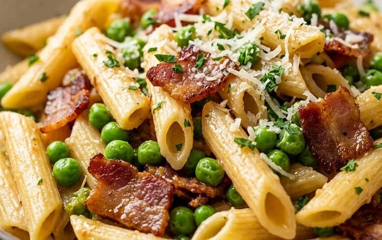 Penne Pasta, Peas and Beef Bacon