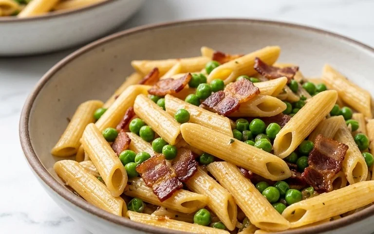 Penne Pasta, Peas and Beef Bacon