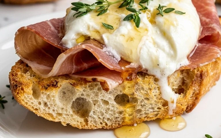 Beef Prosciutto Crostini with Burrata and Lemon Honey Drizzle