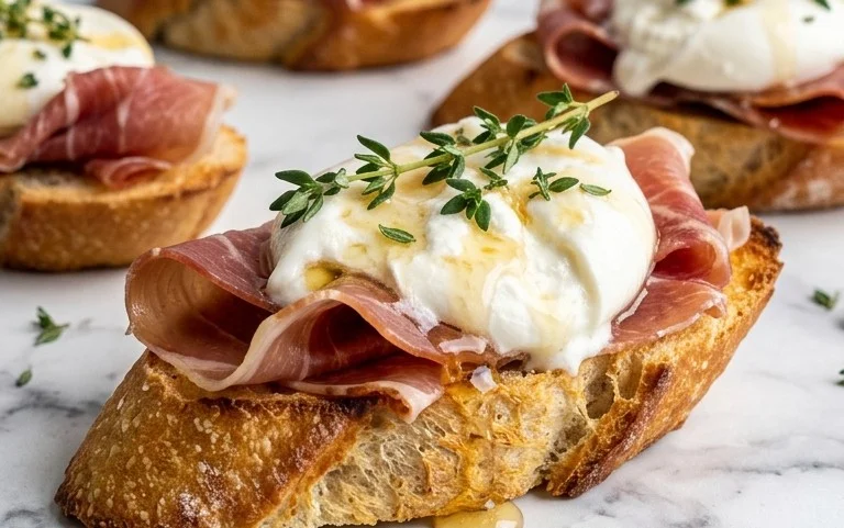 Beef Prosciutto Crostini with Burrata and Lemon Honey Drizzle